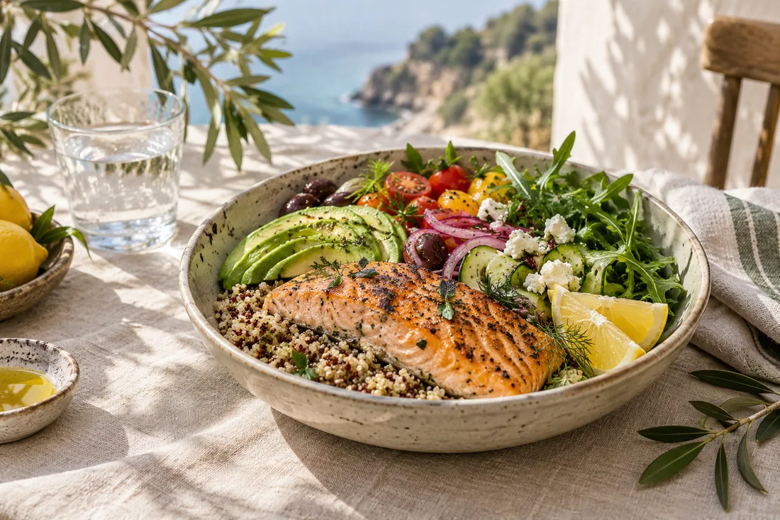 Salmon, grains and vegetables in a bowl